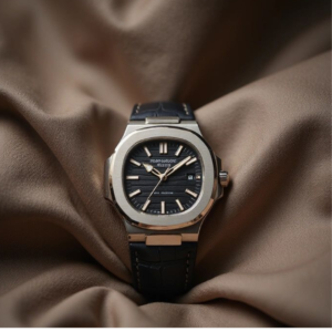 Luxury stainless steel wristwatch with black dial and leather strap placed on soft fabric background